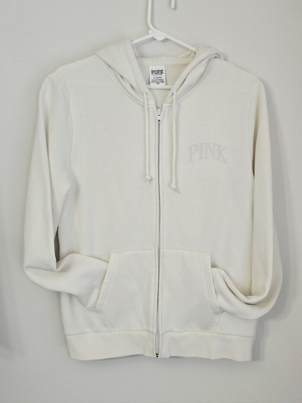 Victorias Secret Pink White Full-Zip Hoodie Sweatshirt Womens Size Large Cotton
